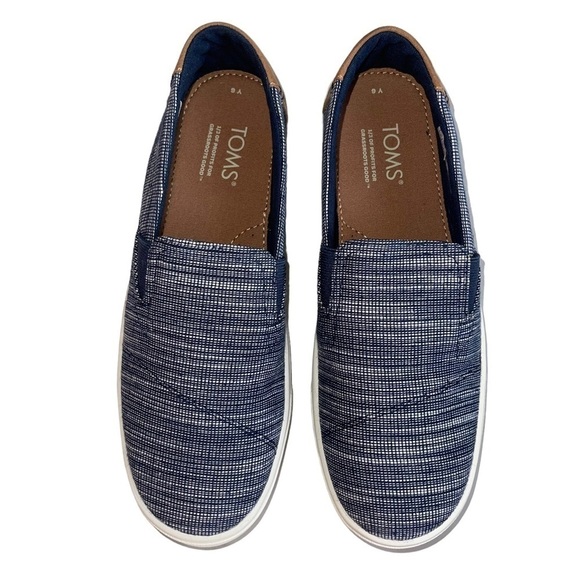 Toms Size 6 youth boys Luca Navy striped chambray slip on shoes New - Picture 3 of 9